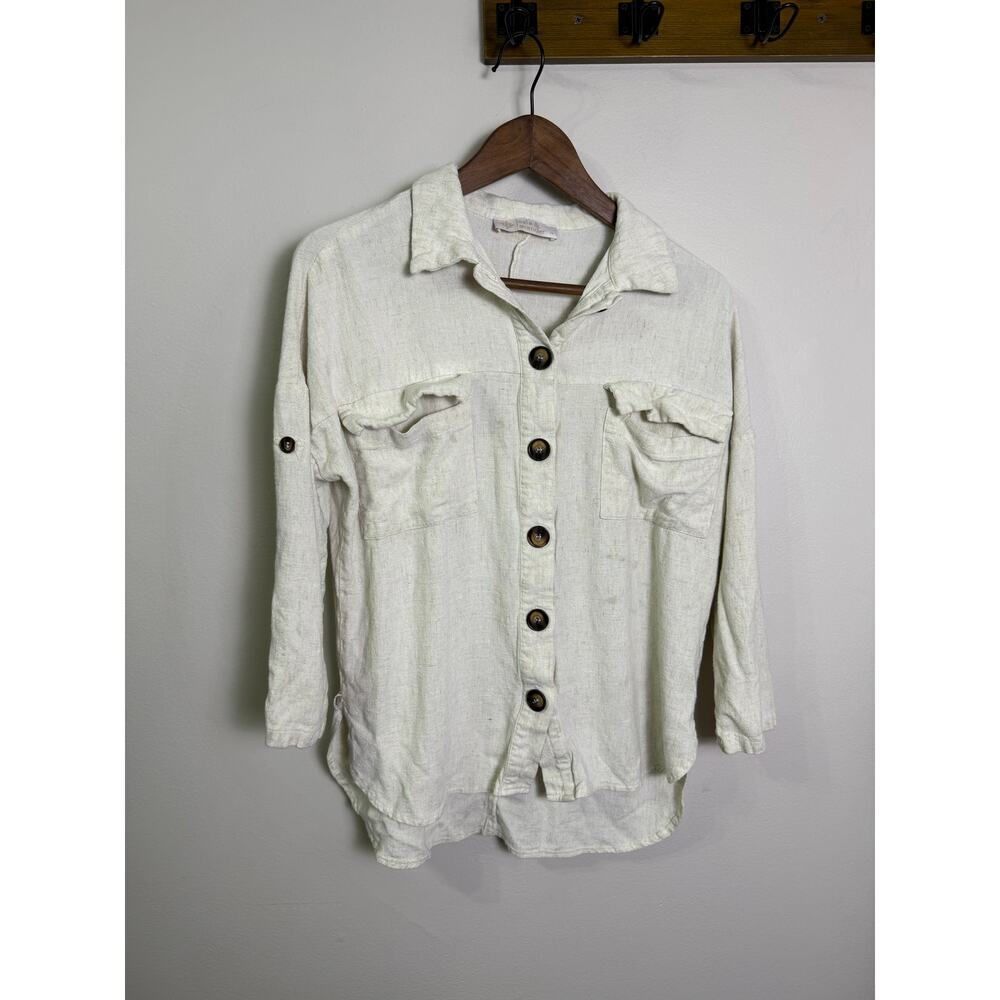 Leela & Lavender Linen Blend Button Up Shirt Women’s M – Neutral Lightweight Top